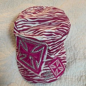 Women’s pink and white zebra pattern hat with rhinestone and silver stitching